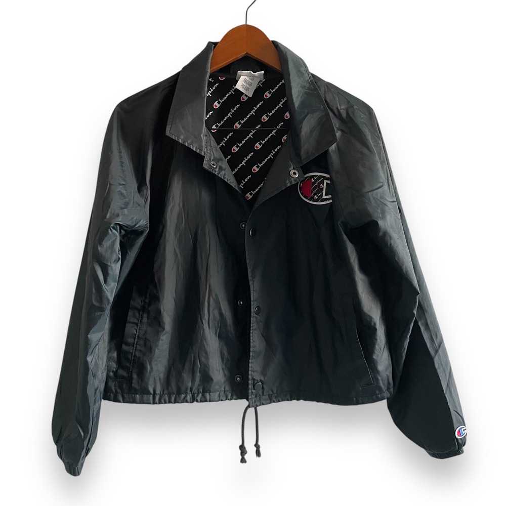 Champion Jacket Women's Black Big C Spellout Snap Front Cropped Windbreaker